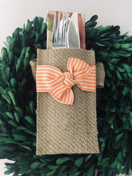 Orange Stripe Ribbon Silverware Pouch | Flatware Pouch | Silverware Holder | Party Table Setting | Holiday Table Setting S/8 picture