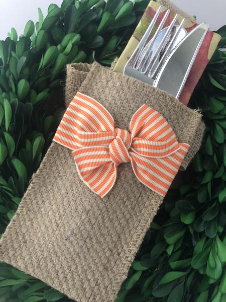 Orange Stripe Ribbon Silverware Pouch | Flatware Pouch | Silverware Holder | Party Table Setting | Holiday Table Setting S/8 picture