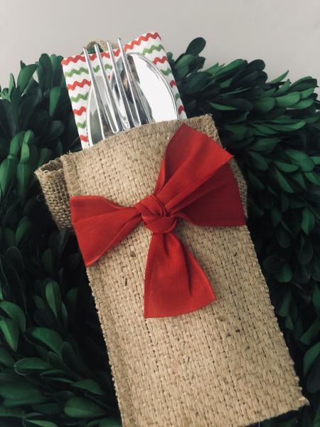 Red Ribbon Silverware Pouch | Flatware Pouch | Silverware Holder | Party Table Setting | Holiday Table Setting S/8 picture