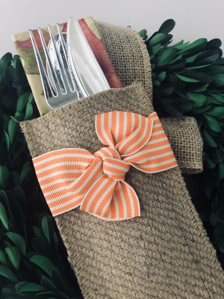 Orange Stripe Ribbon Silverware Pouch | Flatware Pouch | Silverware Holder | Party Table Setting | Holiday Table Setting S/8 picture