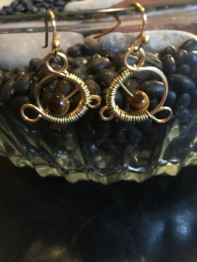 Earrings - Yellow Brass Earrings - Wire Wrapped Earrings - Tiger Eye Earrings - Jewelry with Meaning - Good Luck