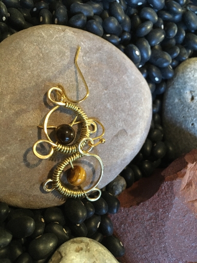 Earrings - Yellow Brass Earrings - Wire Wrapped Earrings - Tiger Eye Earrings - Jewelry with Meaning - Good Luck picture