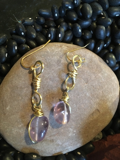 Earrings - Yellow Brass Earrings - Wire Wrapped Earrings - Amethyst Earrings - Jewelry with Meaning - Peace and Calm picture