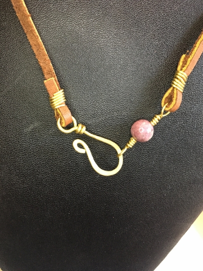 Necklace - Yellow Brass Wire Wrapped Links w/ Rhodonite and Faceted Blue Glass - Jewelry with Meaning - Self Love picture