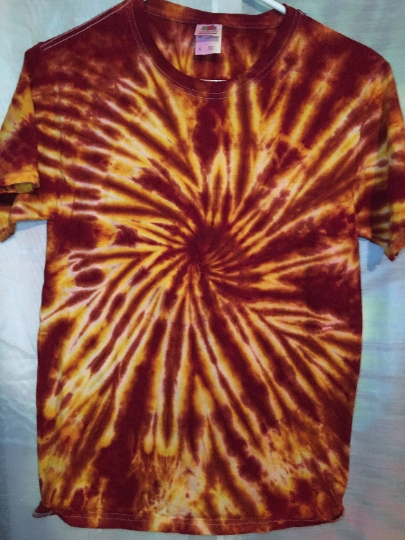 Classic Tie Dye Spiral - Warm Fall Colors - 100% Cotton Fruit of the Loom - Mens' S (34-36) Short Sleeve. #262