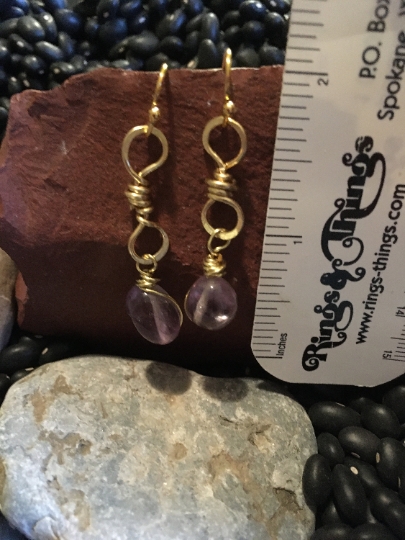 Earrings - Yellow Brass Earrings - Wire Wrapped Earrings - Amethyst Earrings - Jewelry with Meaning - Peace and Calm picture