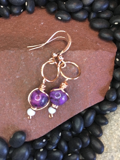 Earrings - Purple Dyed Crazy Lace Agate on Copper Earrings - Jewelry with Meaning - Focus - Self Confidence picture