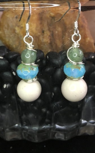 Green Quartz, Faceted Glass and Ceramic Bead Stack Earrings Wire Wrapped with Sterling Wire on Sterling Ear Wires