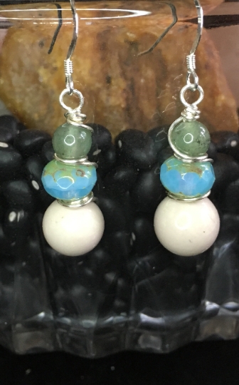 Green Quartz, Faceted Glass and Ceramic Bead Stack Earrings Wire Wrapped with Sterling Wire on Sterling Ear Wires picture