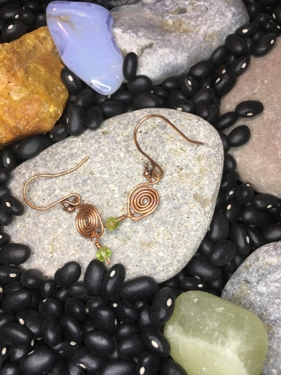 Copper Swirled Wire Wrapped Earrings with Peridot Accents - Jewelry with a Purpose - Compassion and Good Health picture