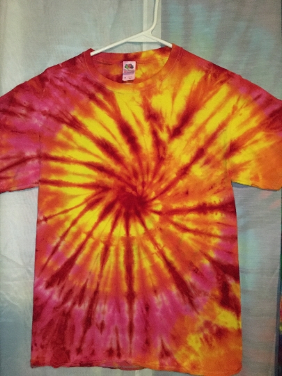 Hot Classic Spiral Tie Dyed Shirt - Orange, Yellow, Red, Hot Pink - Mens S (34 - 36) - Short Sleeve - Fruit of the Loom - 100% Cotton Shirt #270
