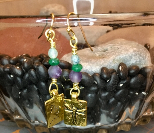 Earrings - Dragonfly Earrings - Amethyst, Emerald and Agate on Yellow Brass - Gold Tone Dragonfly Charm - Jewelry w/ Meaning - Peace & Love picture