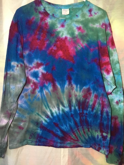 Tie Dye Spiral and Crinkle Combo Shirt!! Mens Large (42-44) Long Sleeve - Fruit of the Loom - T Shirt #237