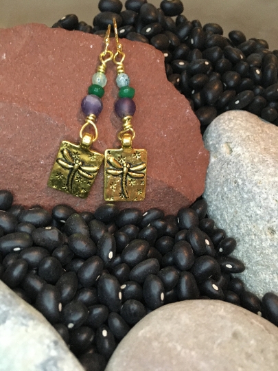 Earrings - Dragonfly Earrings - Amethyst, Emerald and Agate on Yellow Brass - Gold Tone Dragonfly Charm - Jewelry w/ Meaning - Peace & Love picture