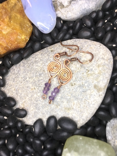 Copper Swirled Wire Wrapped Earrings with Amethyst Accents - Jewelry with a Purpose - Peace picture
