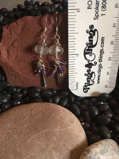 Dangle Earrings - Tourmalated Quartz and Amethyst on Sterling Silver - Jewelry with Meaning picture