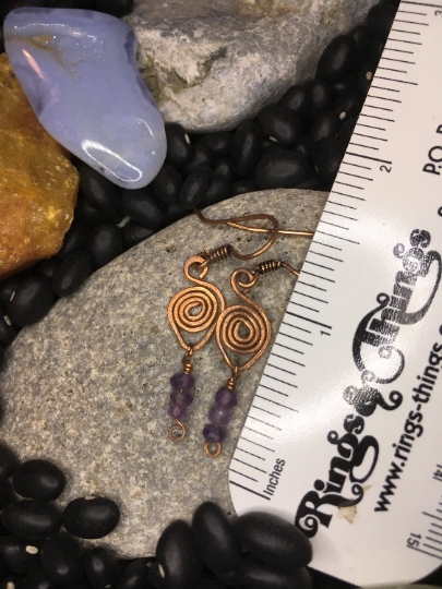 Copper Swirled Wire Wrapped Earrings with Amethyst Accents - Jewelry with a Purpose - Peace picture