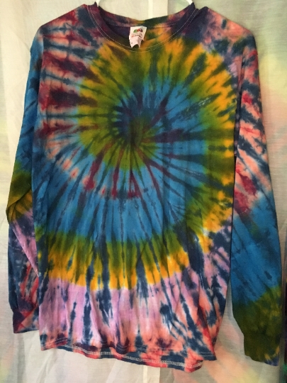 Tie Dye - Cool Tone Classic Tie Dye Spiral Mens M (38-40) Long Sleeve 100% Cotton Shirt - Fruit of the Loom #177 picture