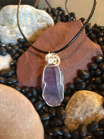 Pendant Matte Finish Amethyst with Natural Face Wire Wrapped w/ Sterling Silver Wire Necklace - Jewelry with Meaning - Peace and Calm picture