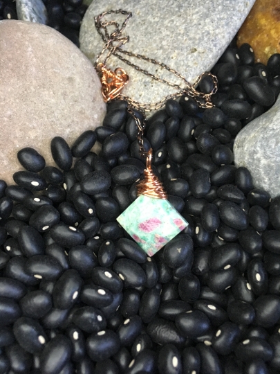 Pendant - Ruby in Zoisite Wire Wrapped in Copper on Delicate Antique Copper Chain - Jewelry with a Meaning - Happiness and Abundance picture
