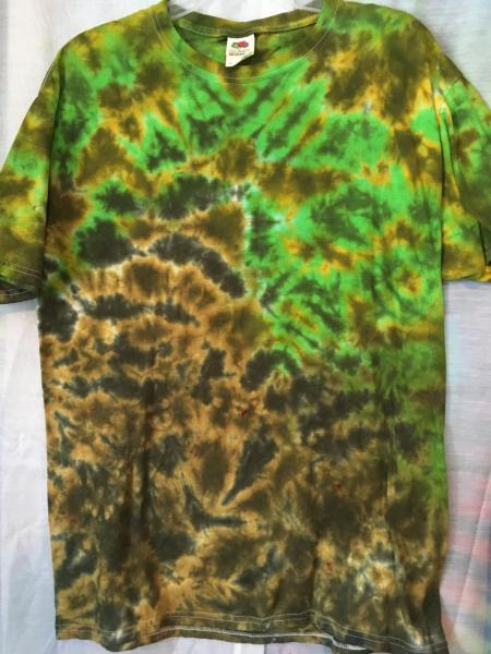 Crinkle Style Tie Dyed Short Sleeve Shirt - Mens L (42-44) Fruit of the Loom - Greens, Golds and Browns #286