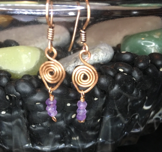 Copper Swirled Wire Wrapped Earrings with Amethyst Accents - Jewelry with a Purpose - Peace picture