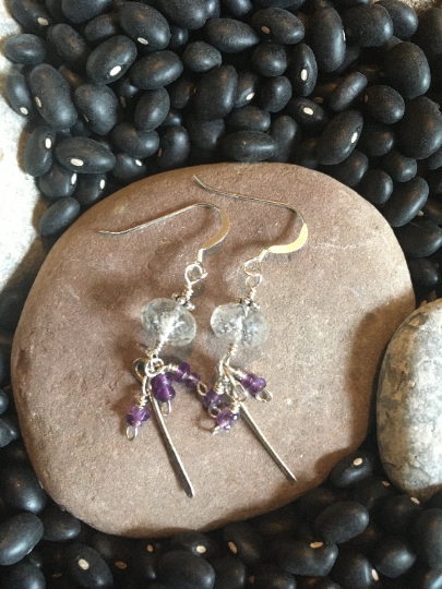 Dangle Earrings - Tourmalated Quartz and Amethyst on Sterling Silver - Jewelry with Meaning picture