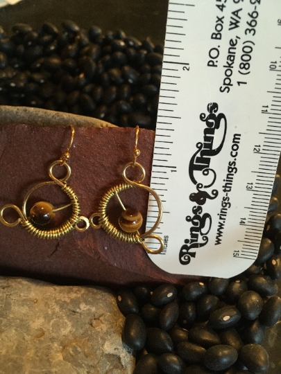 Earrings - Yellow Brass Earrings - Wire Wrapped Earrings - Tiger Eye Earrings - Jewelry with Meaning - Good Luck picture