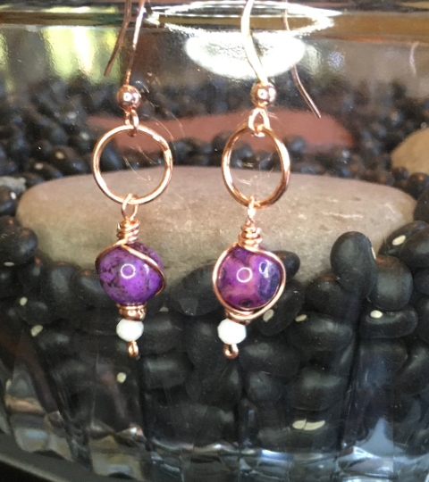 Earrings - Purple Dyed Crazy Lace Agate on Copper Earrings - Jewelry with Meaning - Focus - Self Confidence