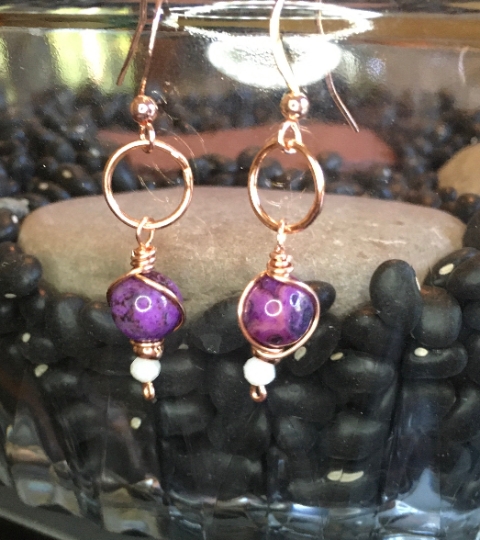 Earrings - Purple Dyed Crazy Lace Agate on Copper Earrings - Jewelry with Meaning - Focus - Self Confidence picture