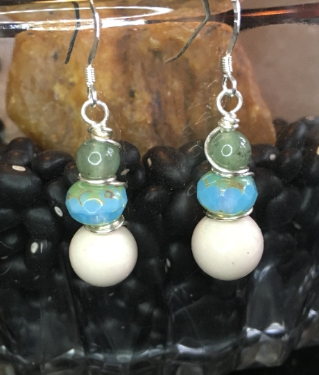 Green Quartz, Faceted Glass and Ceramic Bead Stack Earrings Wire Wrapped with Sterling Wire on Sterling Ear Wires picture