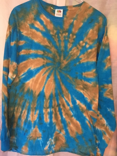 Tie Dyed Long Sleeved Mens 100% Cotton - M (38-40) Fruit of the Loom Shirt Blue and Bronze. #137 picture