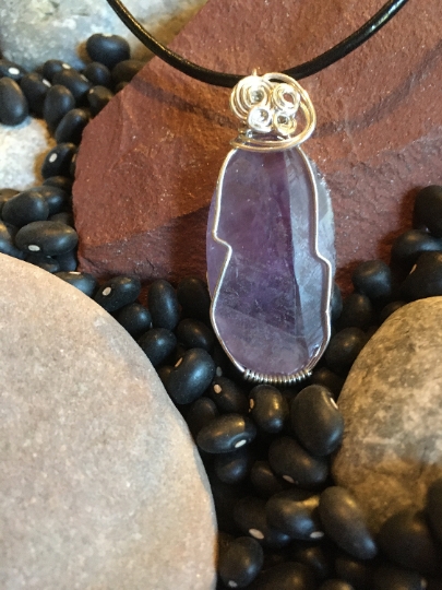 Pendant Matte Finish Amethyst with Natural Face Wire Wrapped w/ Sterling Silver Wire Necklace - Jewelry with Meaning - Peace and Calm picture