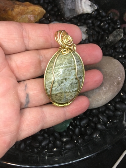 Wire Wrapped Jasper Pendant with Yellow Brass - Jewelry with a Meaning - Gentleness and Nurturing picture