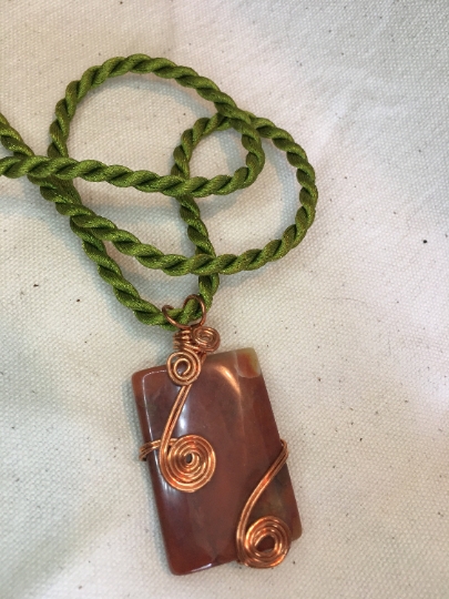 Pendant - Necklace - Agate Wire Wrapped Pendant on Green Silk Cord - Jewelry with Meaning - Safety and Grounding picture