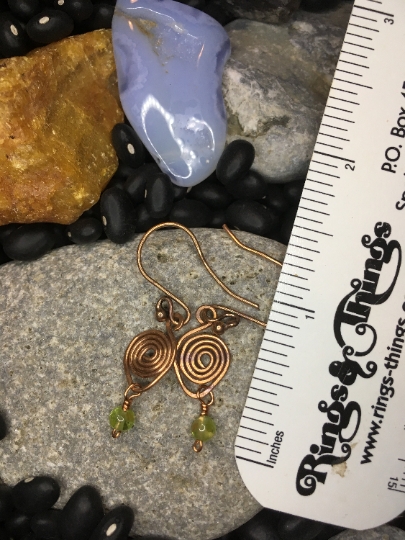 Copper Swirled Wire Wrapped Earrings with Peridot Accents - Jewelry with a Purpose - Compassion and Good Health picture