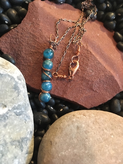 Necklace - Stacked Bead Pendant Necklace - Blue Apatite Wrapped in Copper Necklace - Jewelry w/ Meaning - Achieve Goals