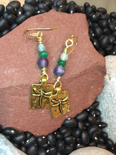 Earrings - Dragonfly Earrings - Amethyst, Emerald and Agate on Yellow Brass - Gold Tone Dragonfly Charm - Jewelry w/ Meaning - Peace & Love picture