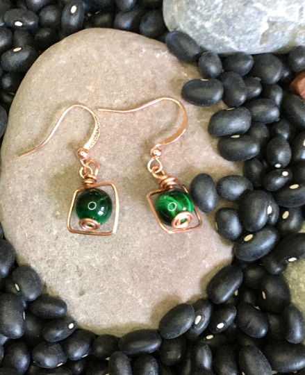 Wire Wrapped Earrings - Copper and Green Dyed Tiger Eye- Jewelry with Meaning - Mental Clarity picture