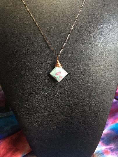 Pendant - Ruby in Zoisite Wire Wrapped in Copper on Delicate Antique Copper Chain - Jewelry with a Meaning - Happiness and Abundance