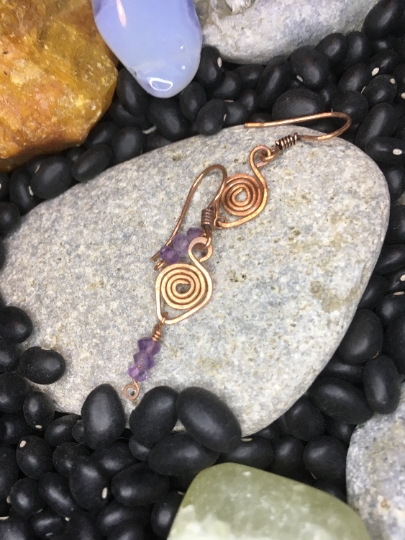 Copper Swirled Wire Wrapped Earrings with Amethyst Accents - Jewelry with a Purpose - Peace