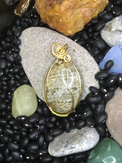 Wire Wrapped Jasper Pendant with Yellow Brass - Jewelry with a Meaning - Gentleness and Nurturing picture