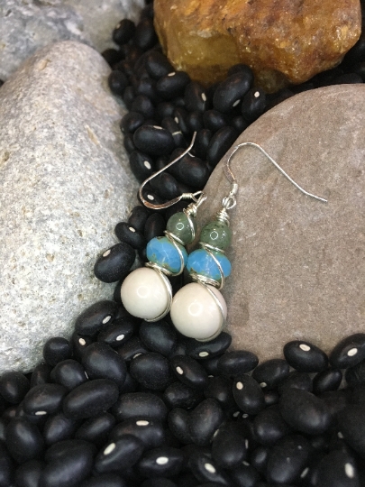 Green Quartz, Faceted Glass and Ceramic Bead Stack Earrings Wire Wrapped with Sterling Wire on Sterling Ear Wires picture