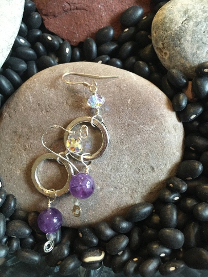 Earrings - Amethyst on Silver Tone Loop Earrings - AB Crystal and Sterling Accent - Dangle Earrings - Jewelry with Meaning - Peace and Calm picture