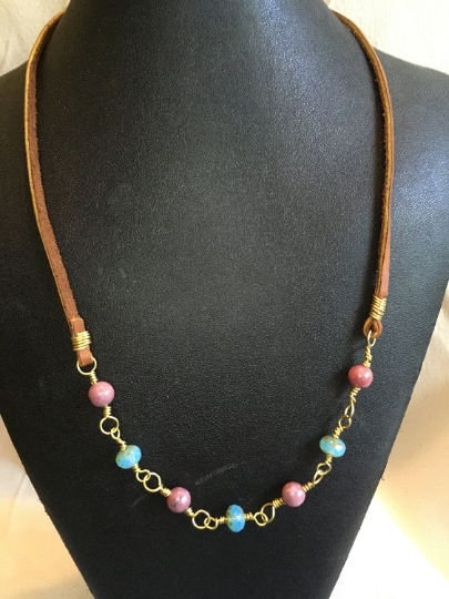 Necklace - Yellow Brass Wire Wrapped Links w/ Rhodonite and Faceted Blue Glass - Jewelry with Meaning - Self Love