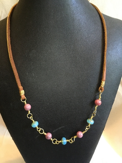 Necklace - Yellow Brass Wire Wrapped Links w/ Rhodonite and Faceted Blue Glass - Jewelry with Meaning - Self Love picture