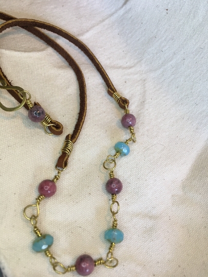 Necklace - Yellow Brass Wire Wrapped Links w/ Rhodonite and Faceted Blue Glass - Jewelry with Meaning - Self Love picture