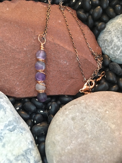 Pendant Matte Finish Amethyst Stack Wire Wrapped in Copper on Copper Chain Necklace - Jewelry with Meaning - Peace and Calm picture