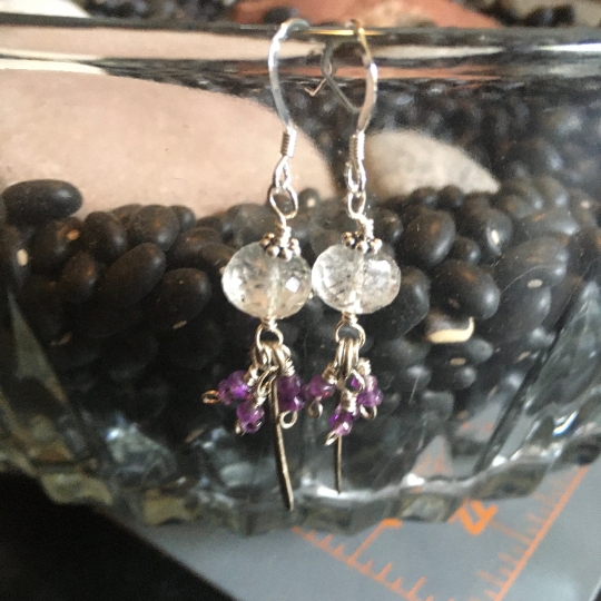 Dangle Earrings - Tourmalated Quartz and Amethyst on Sterling Silver - Jewelry with Meaning picture