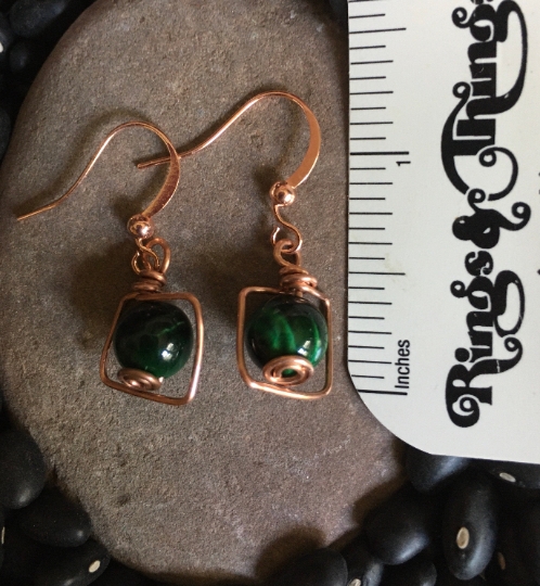 Wire Wrapped Earrings - Copper and Green Dyed Tiger Eye- Jewelry with Meaning - Mental Clarity picture